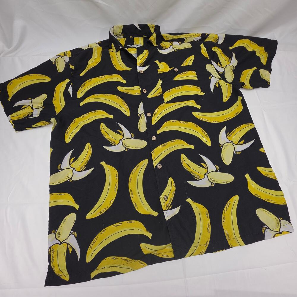 Uzzi Amphibious Gear Banana Print Hawaiian Shirt Mens Large Black Yellow Button